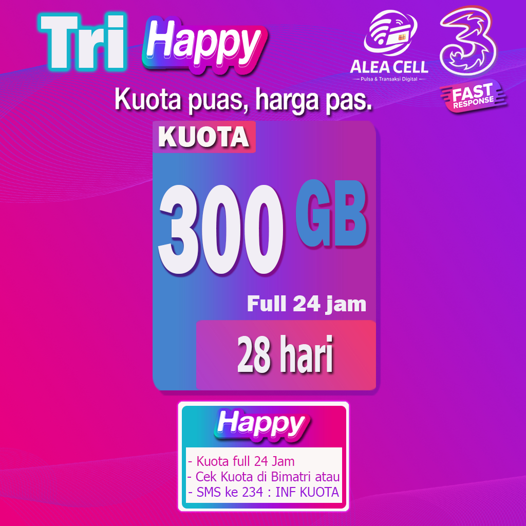 Kuota Tri Bulanan 300GB 28 Hari, AON 40GB Full 24 Jam Langsung Aktif