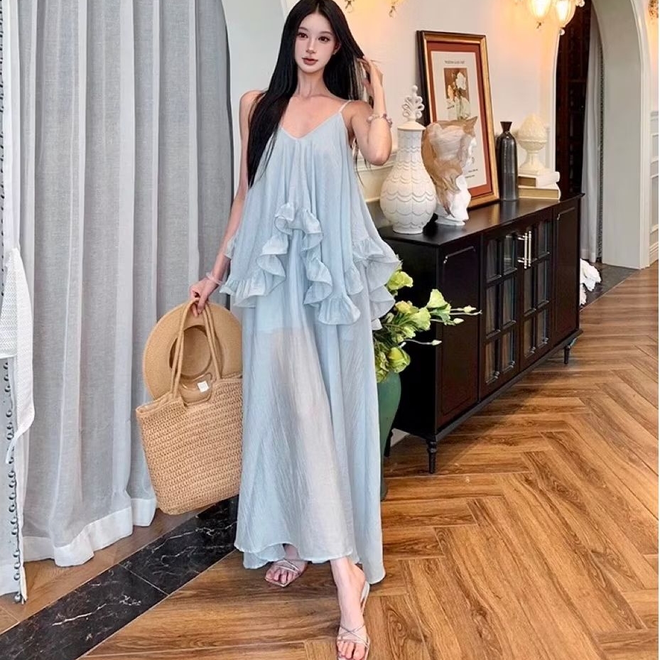 Dress Wanita Elegant Dress biru Casual Dress Impor D0887 dress putih pantai vacation dress bali