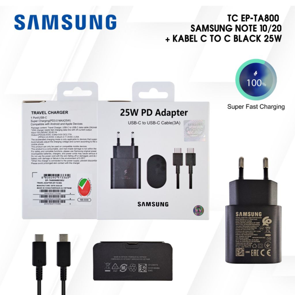TRAVEL CHARGER ADAPTER KABEL SAMSUNG 25W TA800 NOTE 10/20 C TO C VB
