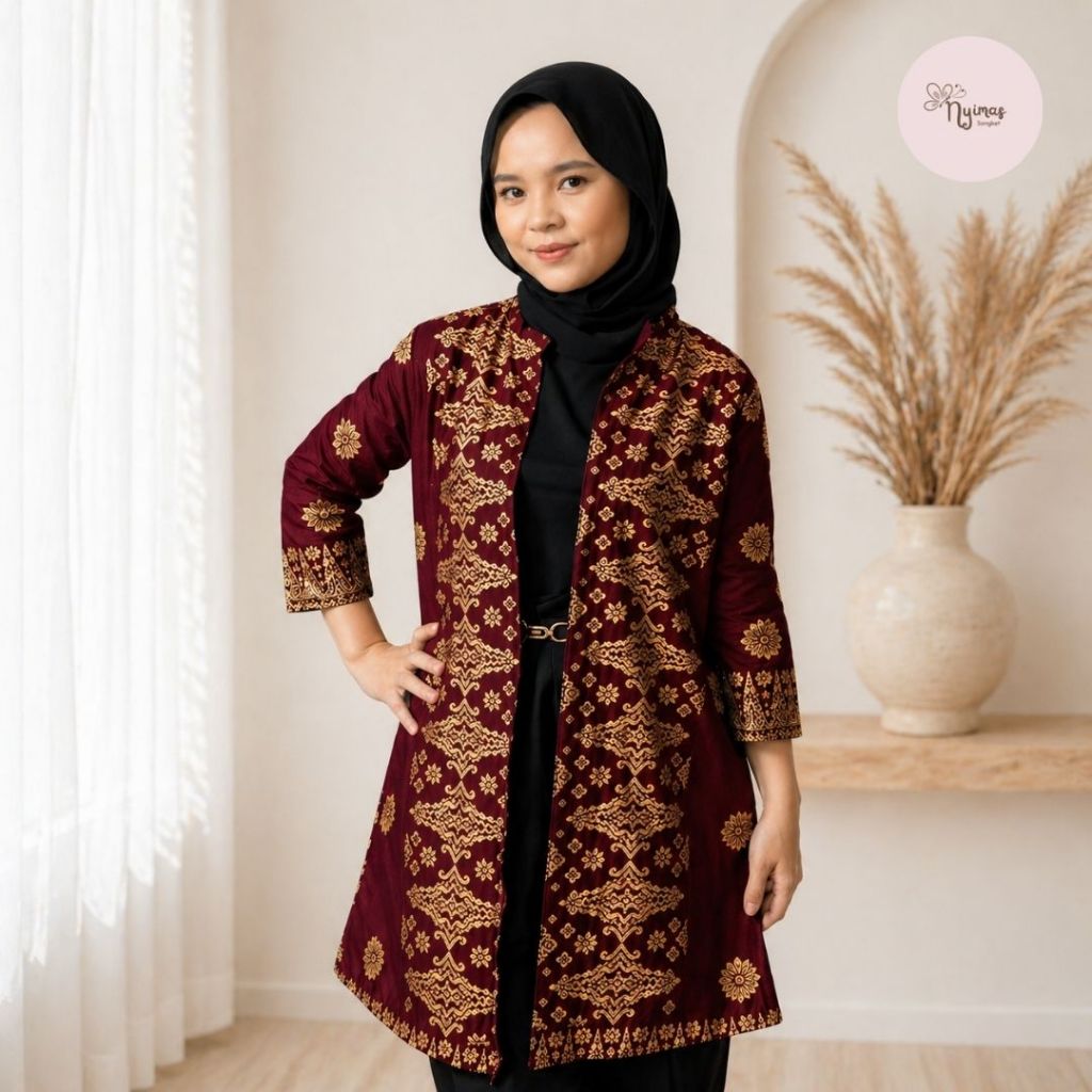 Batik Atasan Wanita Songket Modern Elegan | Jumputan Tunik Blouse Full Puring Busana Kondangan