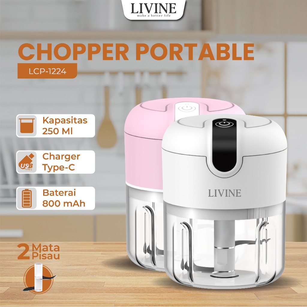 LIVINE Mini Chopper Blender 2 Mata Pisau 250ML Portable Blender Dapur Elektrik Serbaguna LCP-1224