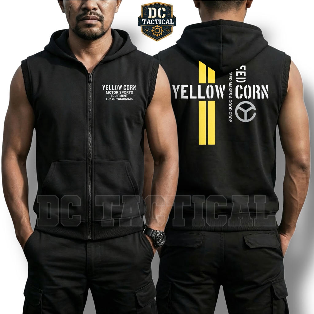 Vest Hoodie Jumper Yellow Corn Tanpa lengan/lekmong Hitam Bahan fleece 280gsm