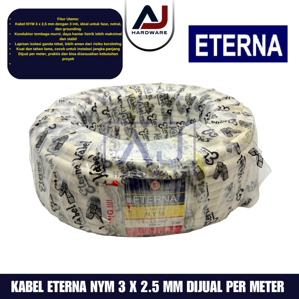 Kabel Eterna NYM 3 x 2.5 mm Kabel Listrik Tembaga 3 Inti SNI Meteran Instalasi Rumah Per Meter