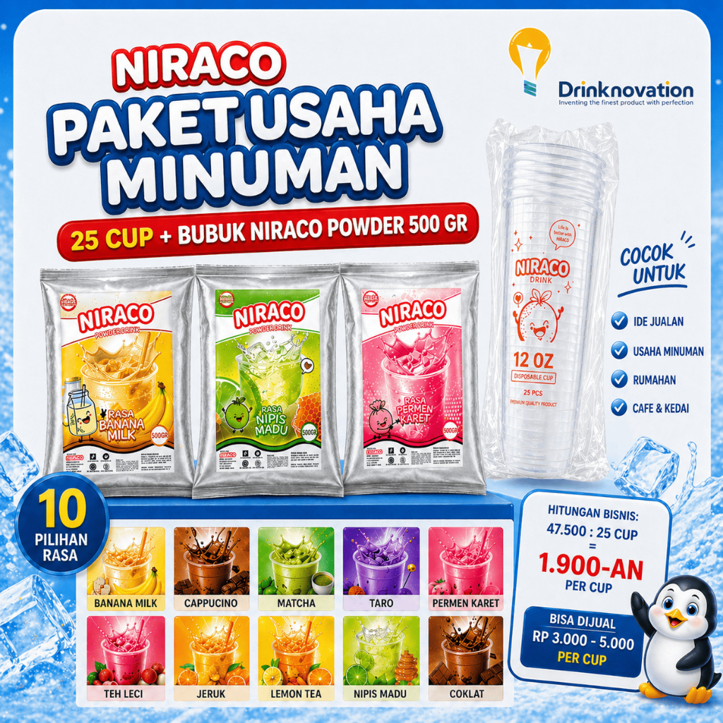 Niraco Powder Drink Paket Usaha Minuman Kekinian 25 Cup 12oz + Bubuk Minuman 500gr 10 Rasa