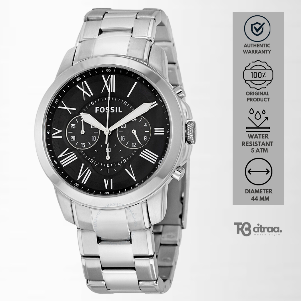 Jam Tangan Pria Fossil Grant Chronograph Silver Stainless Steel Black Dial Mewah Casual Original FS4