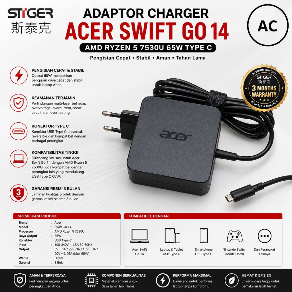 Adaptor Charger Acer Swift GO 14 AMD Ryzen 5 7530U 65W Type C