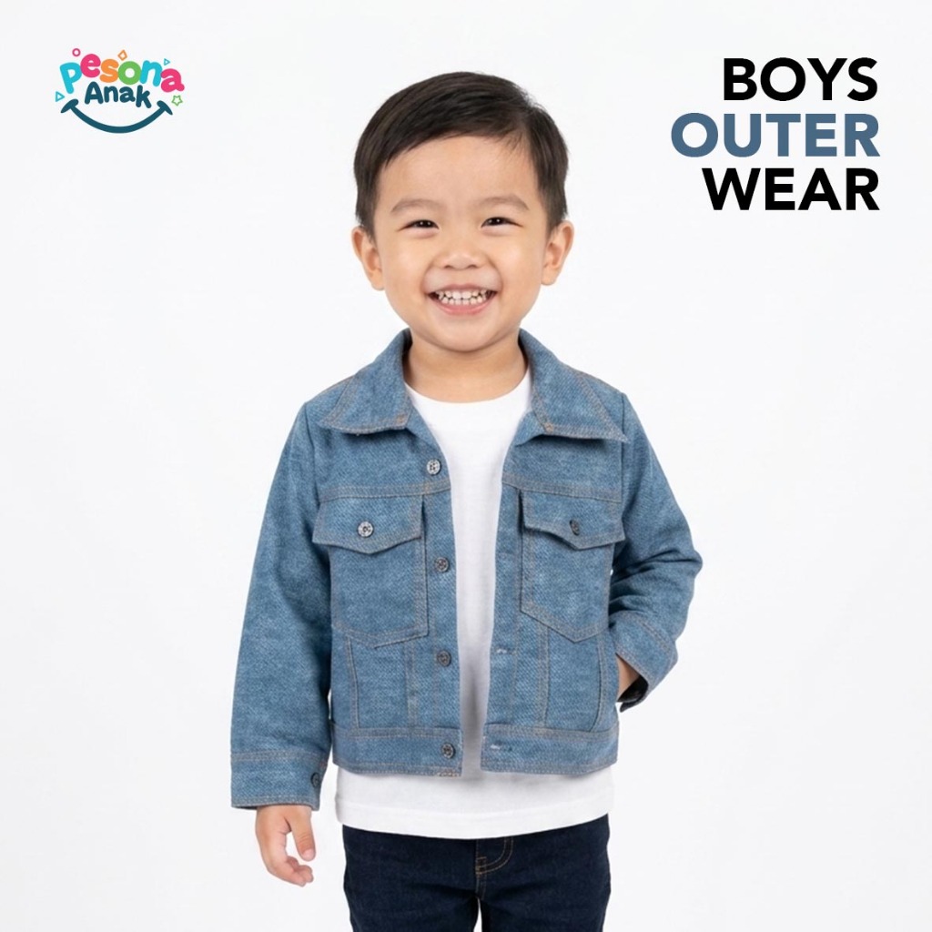 Kemeja / Outerwear Lengan Panjang Denim Washed Anak Laki laki Pola Crop Top Usia 3-10 Tahun