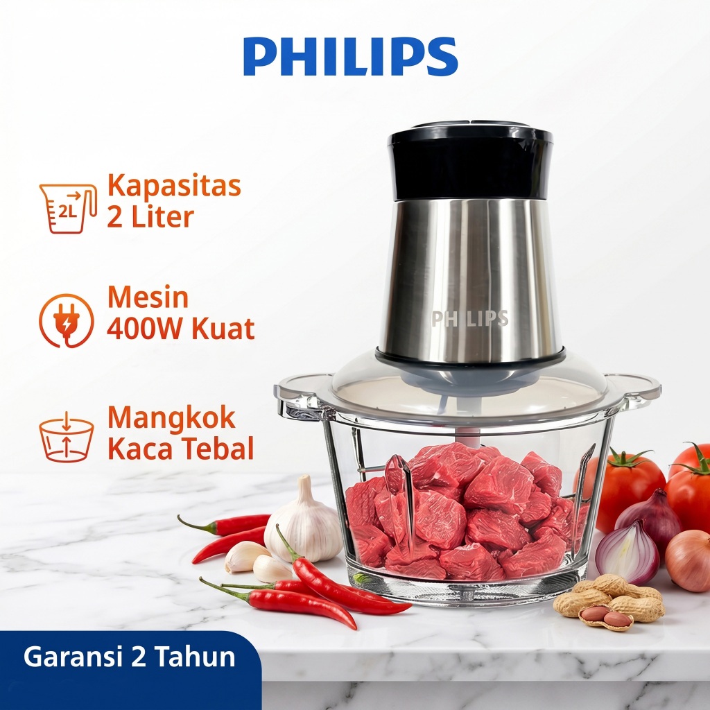 PHILIPS Chopper Blender Multifungsi 2L Penggiling Daging Sayur Bumbu 400W Dual Speed S-Blade - Glass