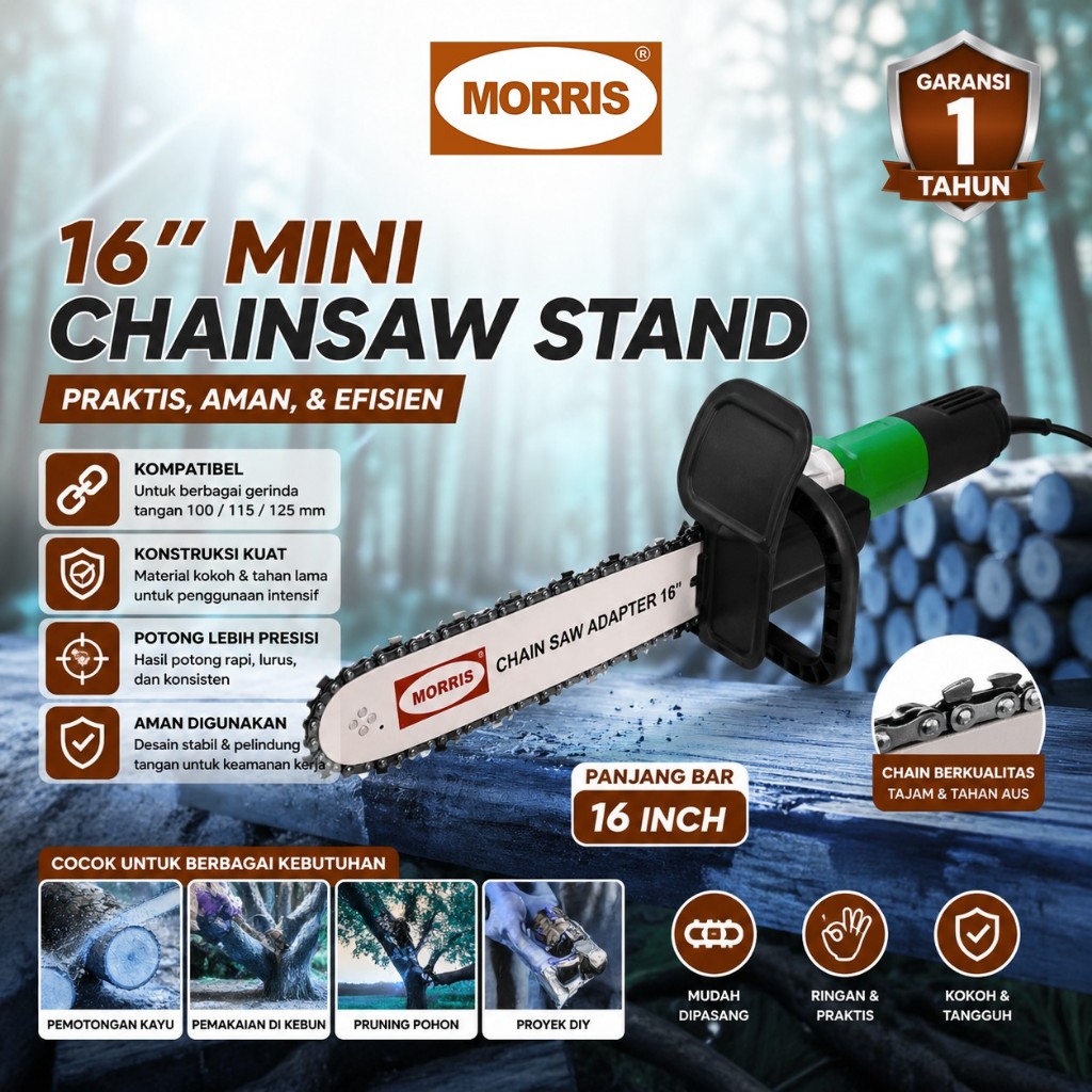 Mesin Gergaji Mini 16 Inch MORRIS Mini Chainsaw Stand Listrik Potong Kayu Ranting Praktis