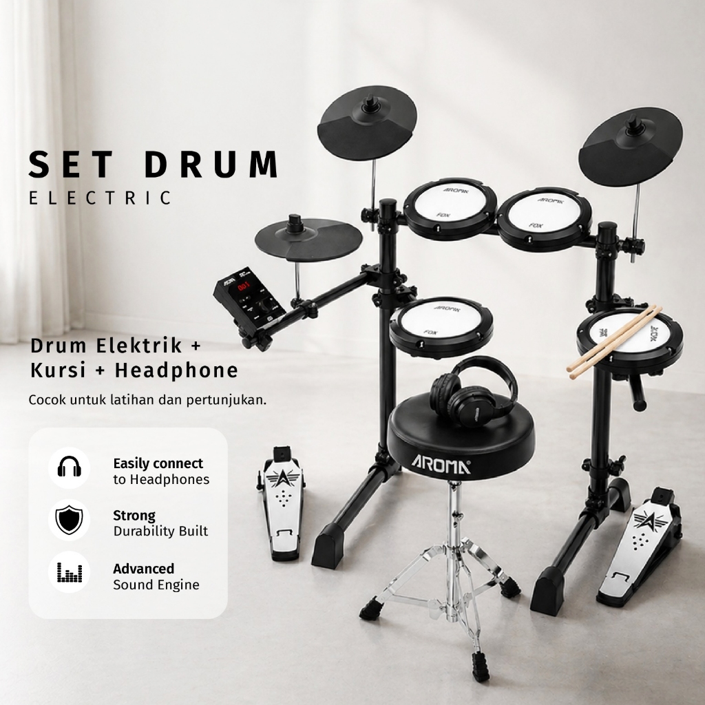 PAKET LENGKAP Drum Elektrik Kursi Headphone Stick Drum AROMA TDX-18 Portable Electronic Kit Electric