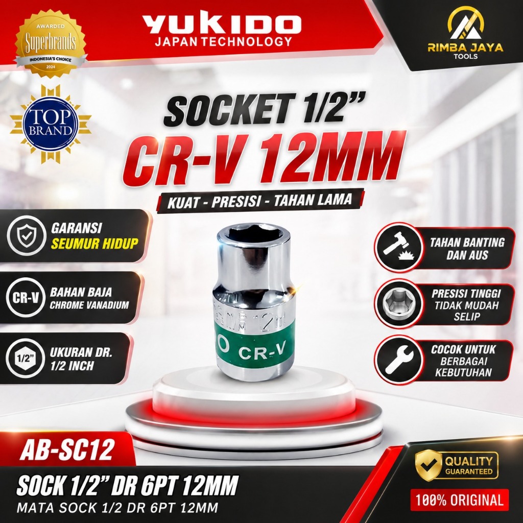 YUKIDO Mata Sock 1/2" DR 6PT 12MM - Socket 1/2" 6PT 12MM Yukido AB-SC12