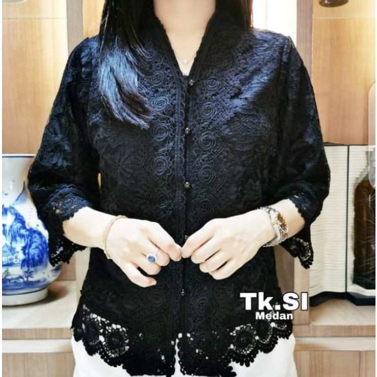 Atasan kebaya brokat lapis furing kebaya kartini bahan brokat premium-brokat Elghana hitam putih 809