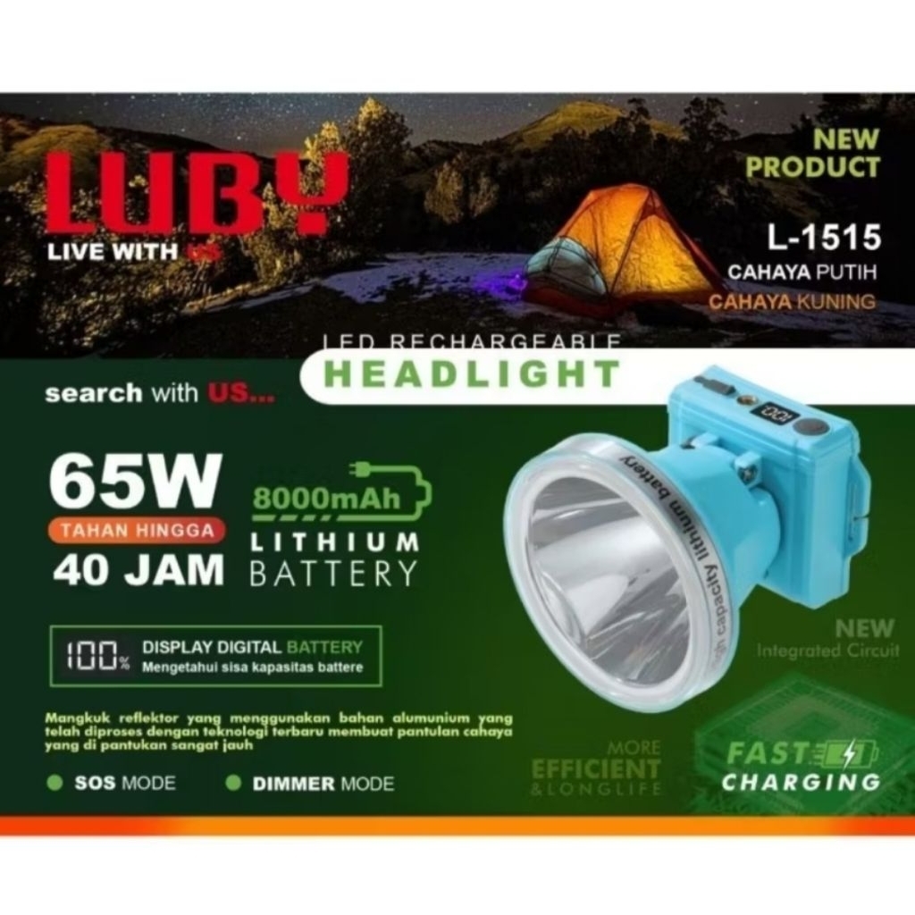 SENTER KEPALA LUBY 65 WATT L-1515 BATERAI 8000 Mah