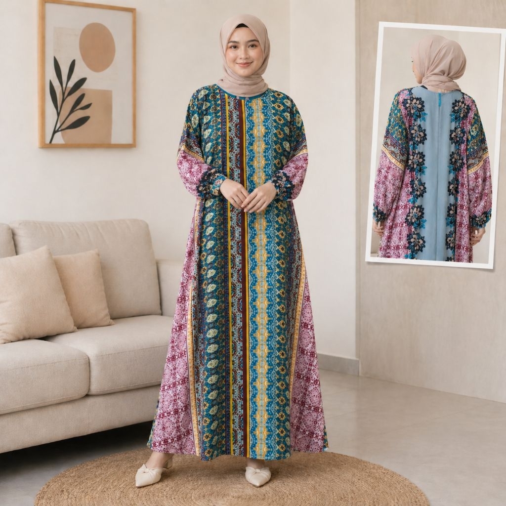 zyvora Dress Gamis Batik Mix Warna Teal Maroon Model Panjang Anggun Wanita