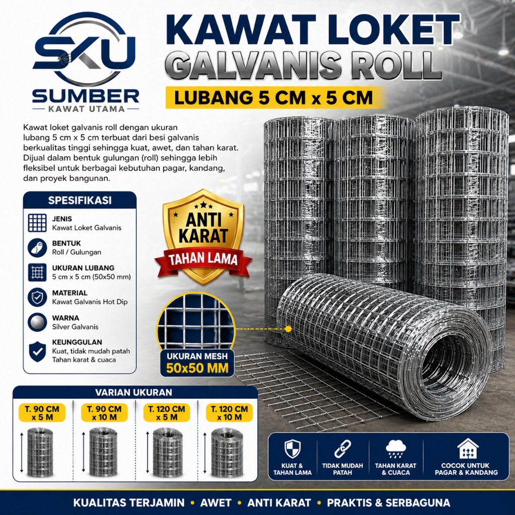 Kawat Ram Galvanis 5x5 cm Tebal 2 mm Super Kuat Anti Karat | Roll Pagar Kandang  10 M