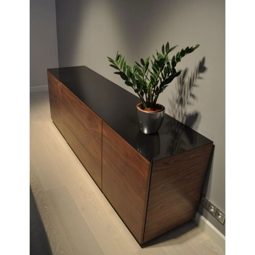 Bufet Minimalis Jati Klasik Elegan Top Meja Kaca Hitam / Bufet Tv Modern / Bufet Mewah / Bufet Hotel