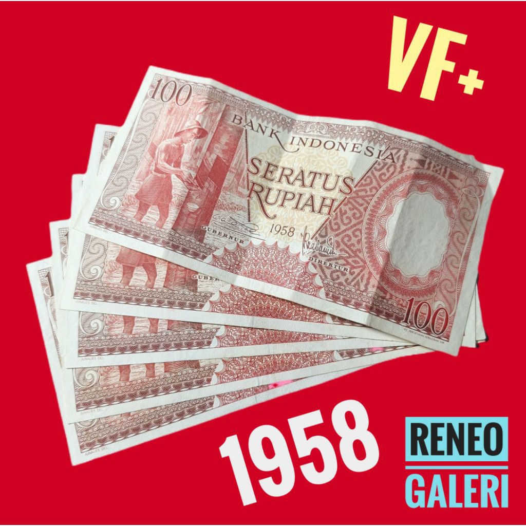 VF+ Asli 100 Rupiah Tahun 1958 Seri Pekerja tangan merah Penyadap karet uang kertas kuno Indonesia d