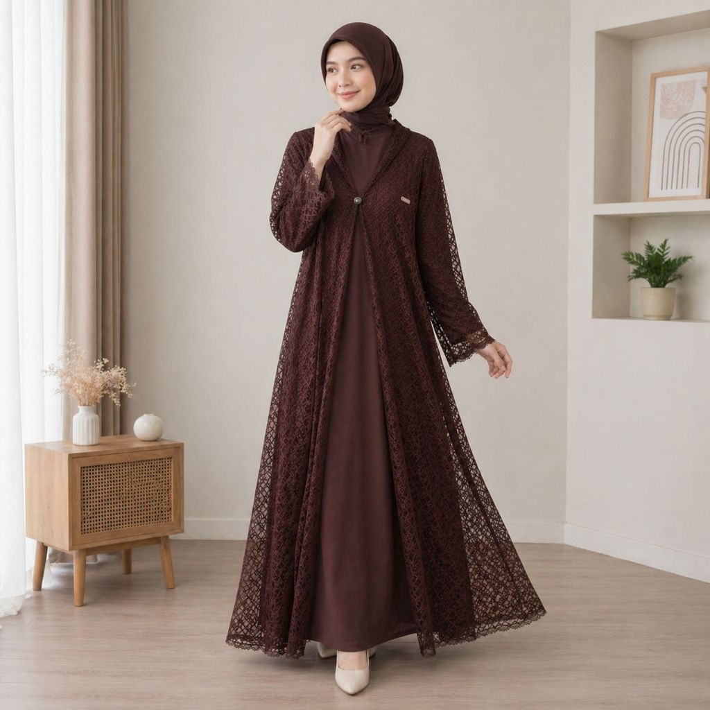 Velora Black Brokat Set  Gamis Wanita Hitam 2 Layer + Inner Full Set Siap Pakai Formal