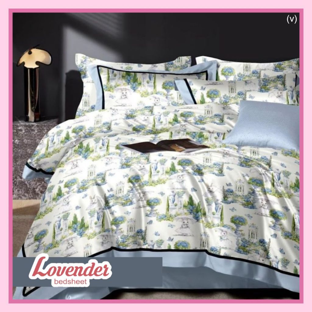 Sprei/Bedcover katun ORGANIK/SERAT BAMBU kelinci rabbit bunny putih pohon tree dior pastel biru blue