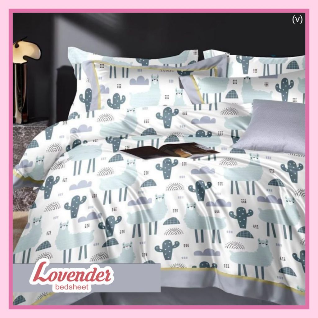 Sprei/Bedcover katun ORGANIK/SERAT BAMBU pastel biru alpaca cactus awan cloud blue animal anak lucu 