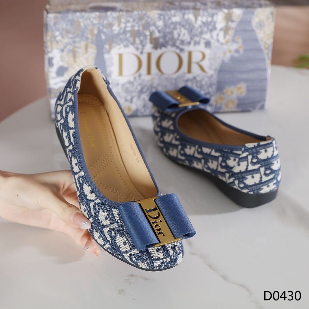 *Sepatu Dior D0430 Oblique Jacquard With Bow Flat Heel Shoes Semi Premium