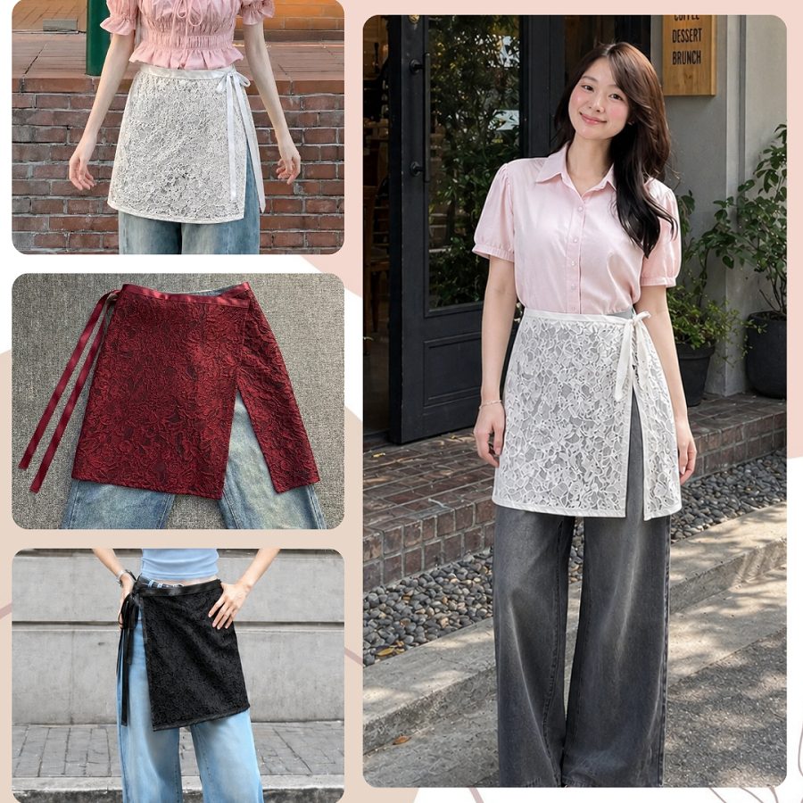 New Lace Brukat Korean Style Rok Outer Lilit Overlay Pendek OOTD Rok Wanita Remaja Modern Style