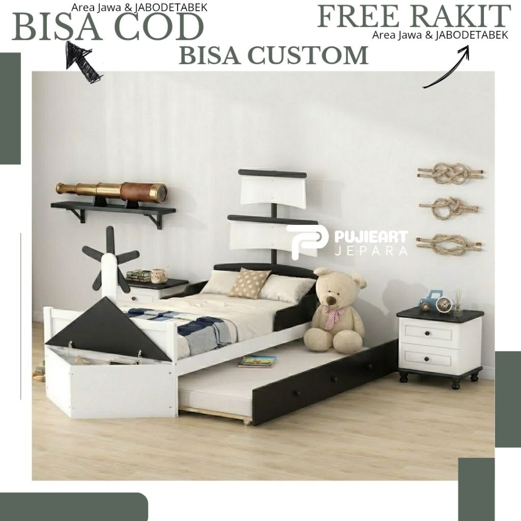 Tempat Tidur Anak Bentuk Kapal , Ranjang Single Kayu Minimalis