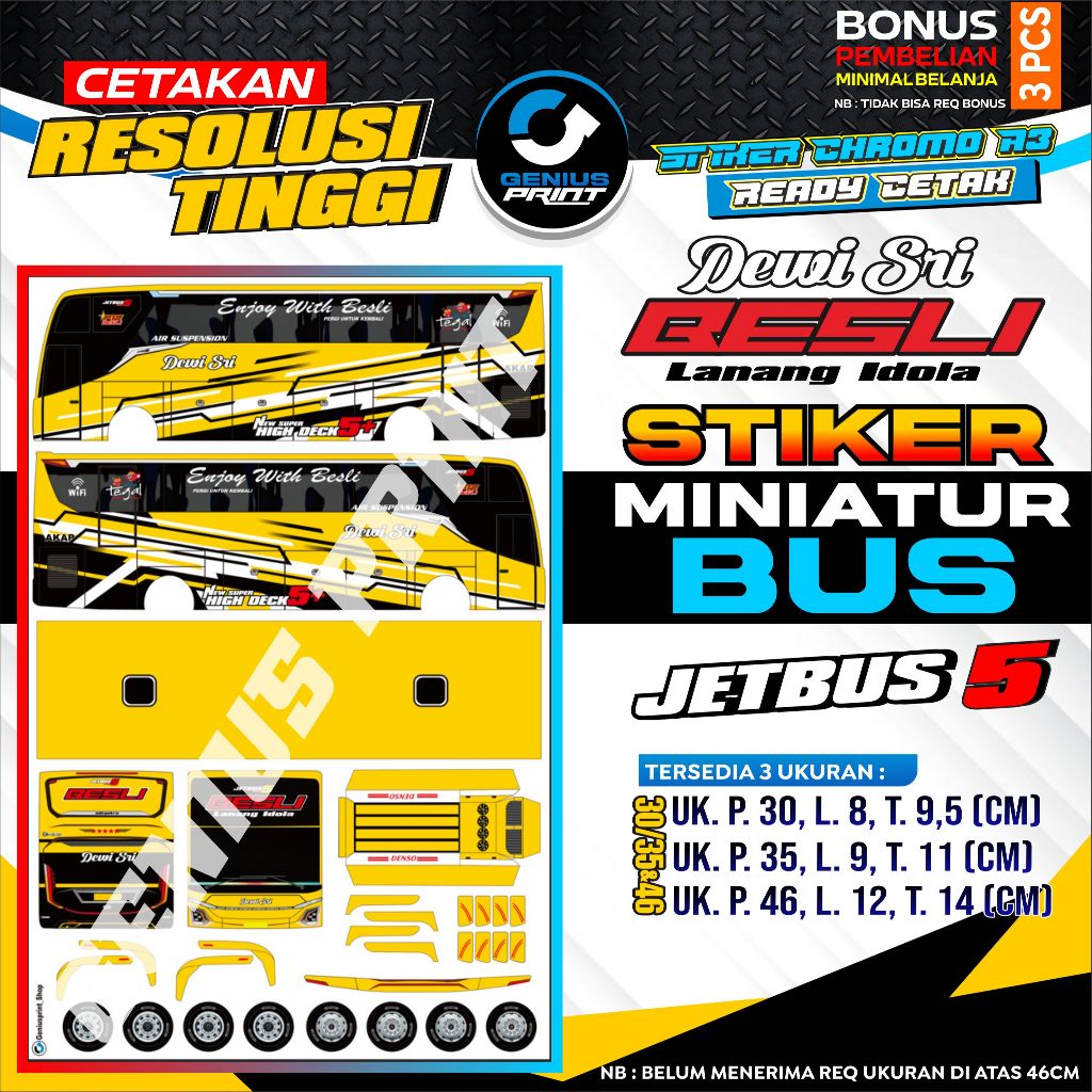 Stiker Miniatur Bus [ JETBUS 5 ] Livery Dheemobilindo | Pelita Baru | U Trans | Dewi Sri | Kalebas |