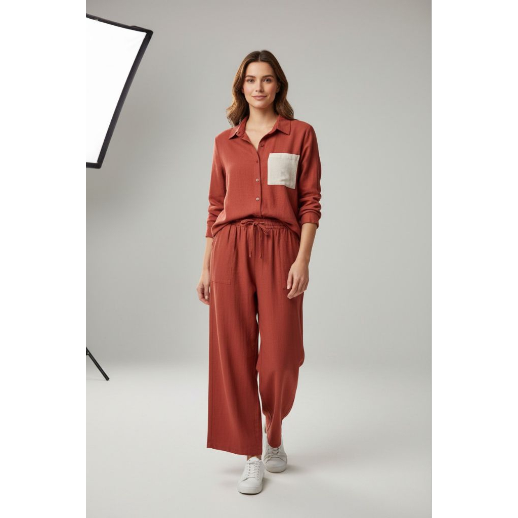 De_moost - Setelan Linen Wanita Hem Kulot Palazo/Lurus Standar Wanita
