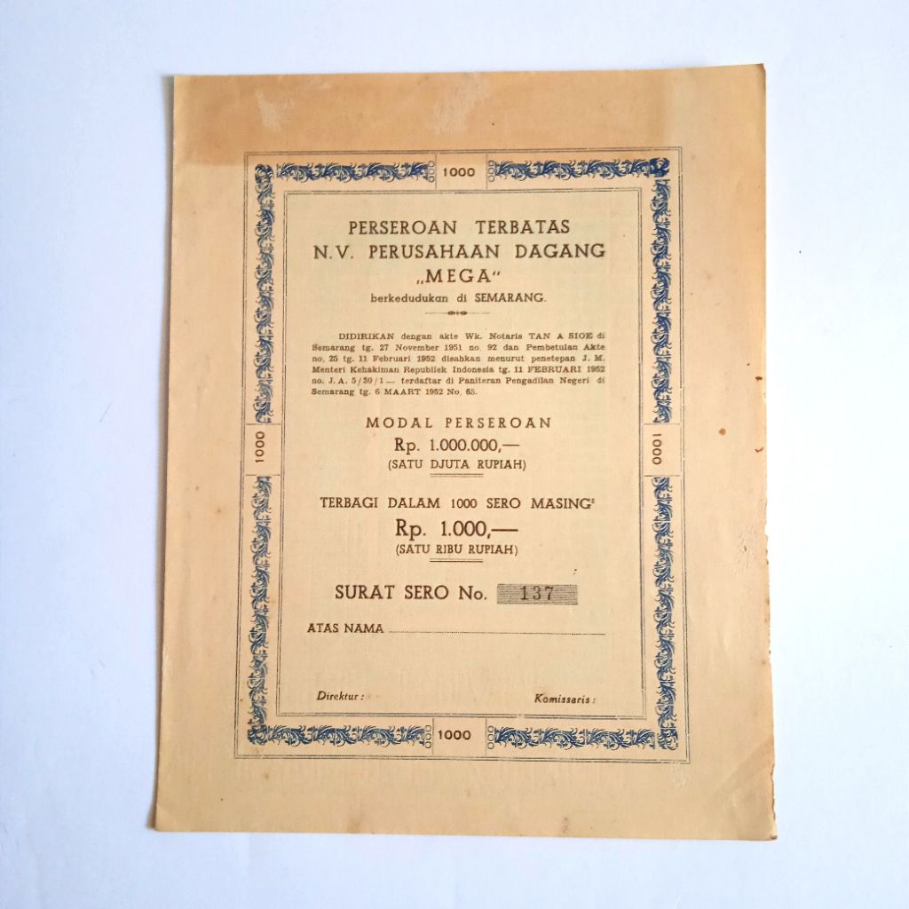 Antik Vintage Dokumen Lama Surat Obligasi N.V. Perusahaan Dagang MEGA Semarang 1952 Utuh Tua Layak K