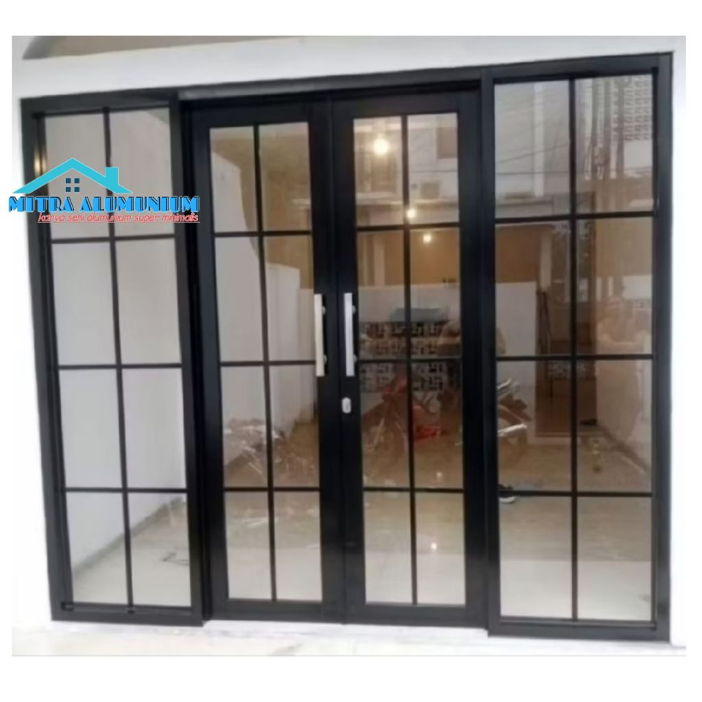 kusen aluminium model pintu geser 2daun+jendela kaca mati kanan kiri ornamen minimalis ukuran T210×L