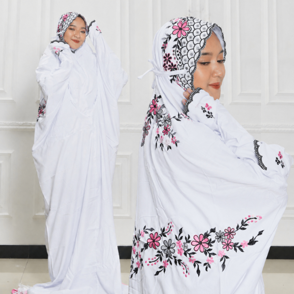 Mukena Terusan Dewasa Santri Putih Bordir Katun Mikro