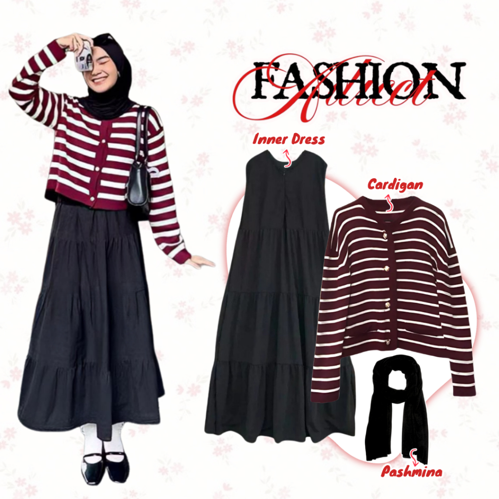 one set remaja /  outfit wanita kekinian / Cardigan Rajut Stripe + Inner Dress Hyget + Pashmina Ceru