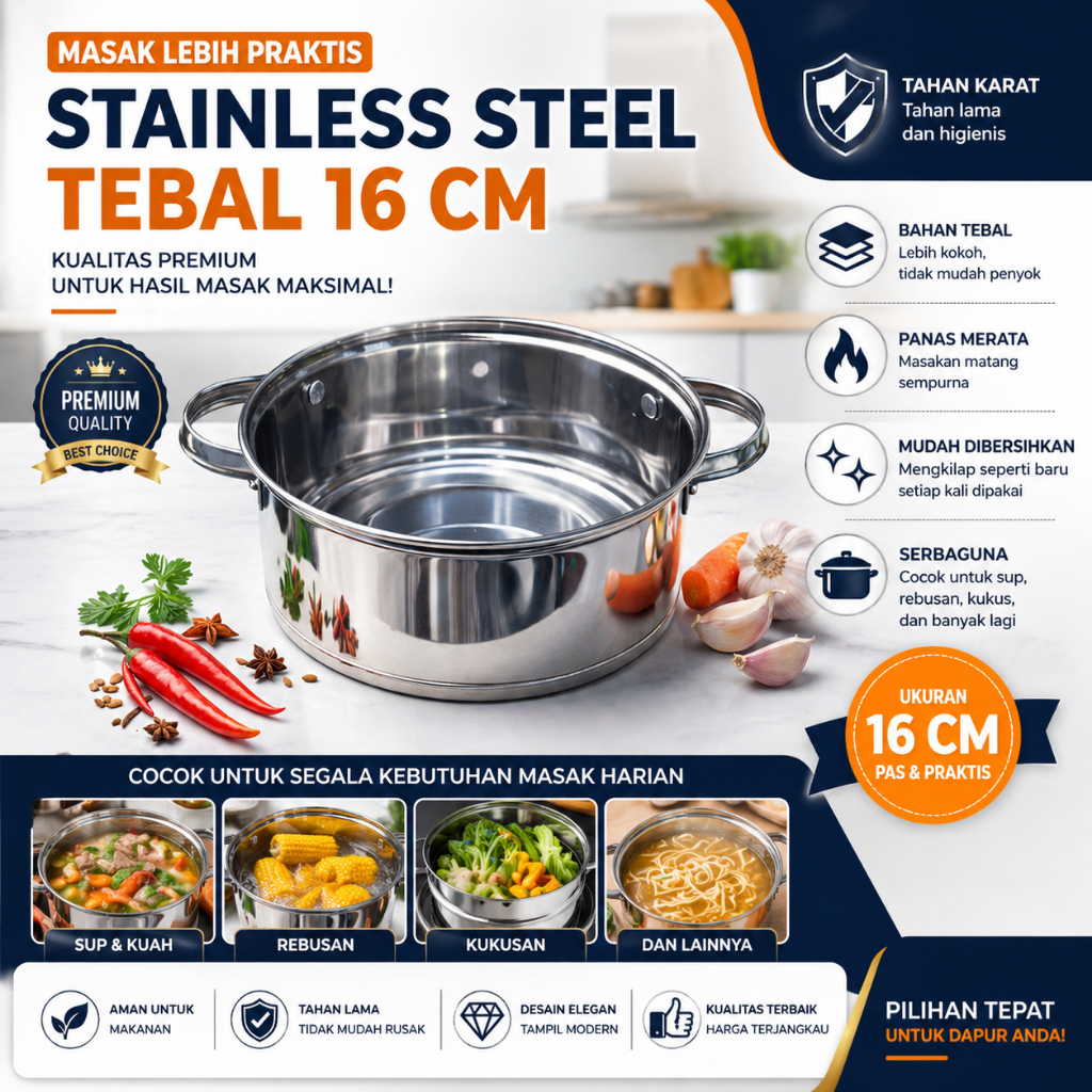Panci Sayur Stainless Steel 16 cm Super Tebal