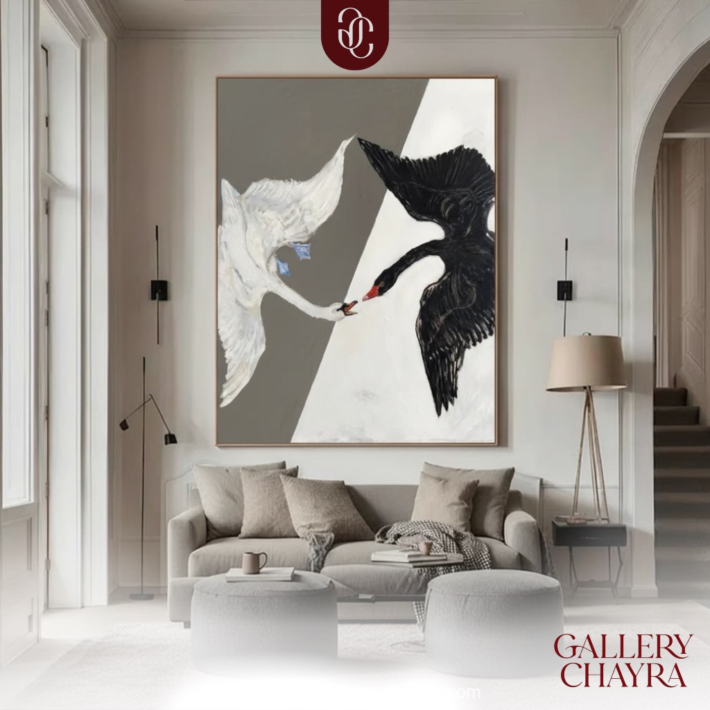 Lukisan Kanvas The Mirror Swan Hitam Putih Abstrak