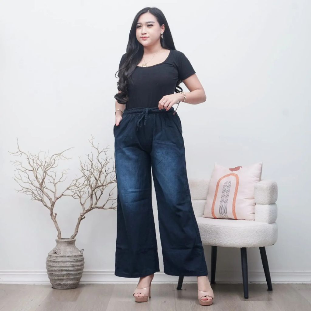 Celana Panjang Jeans Wanita Lipat  Pinggang Karet Jumbo