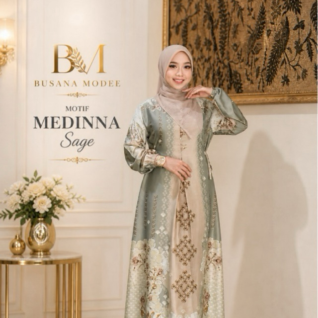 Gamis Silk Premium Motif Terbaru Bunsui medina dress kondangan Warna Cream Navy Sage Terlaris baju L
