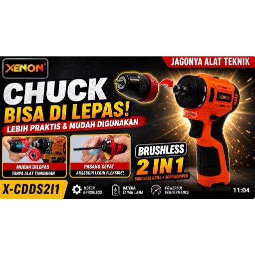 mesin bor baterai 12V model PESEK XENON CDDS2i1 bor Cordless BRUSHLESS  2 in 1 DRILL + SCREWDRIVER