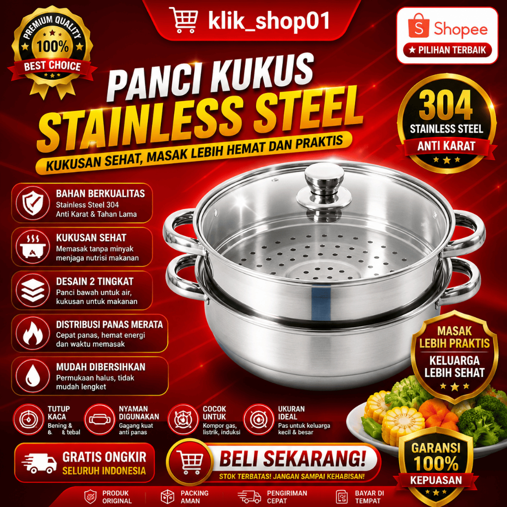 Panci Kukus 2 Susun Stainless / Panci Siomay 4 Kuping / Dandang Panci Kukus