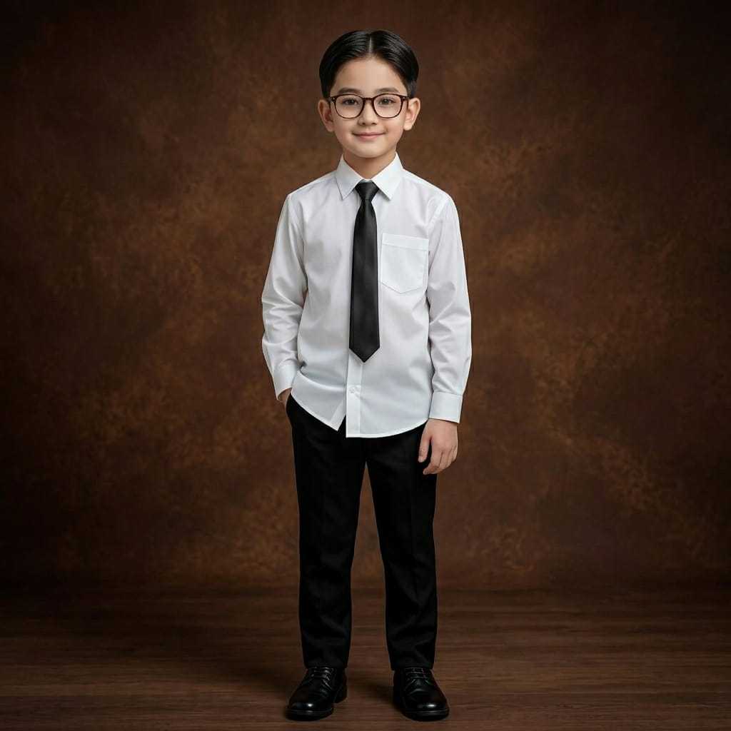 Setelan Kemeja Putih Polos & Celana Formal Hitam Slimfit Plus Dasi Anak Laki Laki Mewah 7-15 Tahun