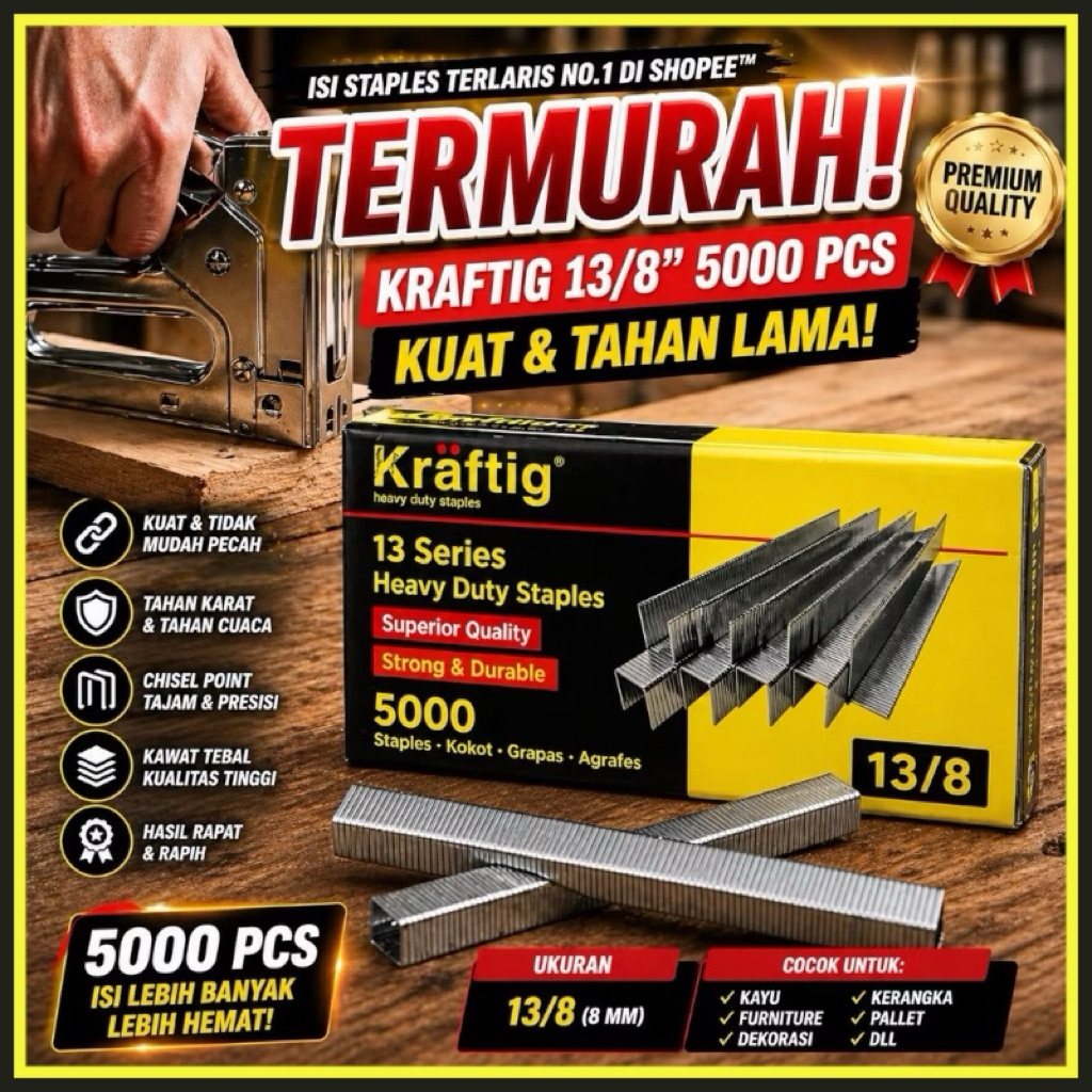 Kraftig Isi Reffil Staples Tembak Manual Ukuran 13/8 (8 MM) untuk Sofa Jok Motor Mobil Kayu TEBAL