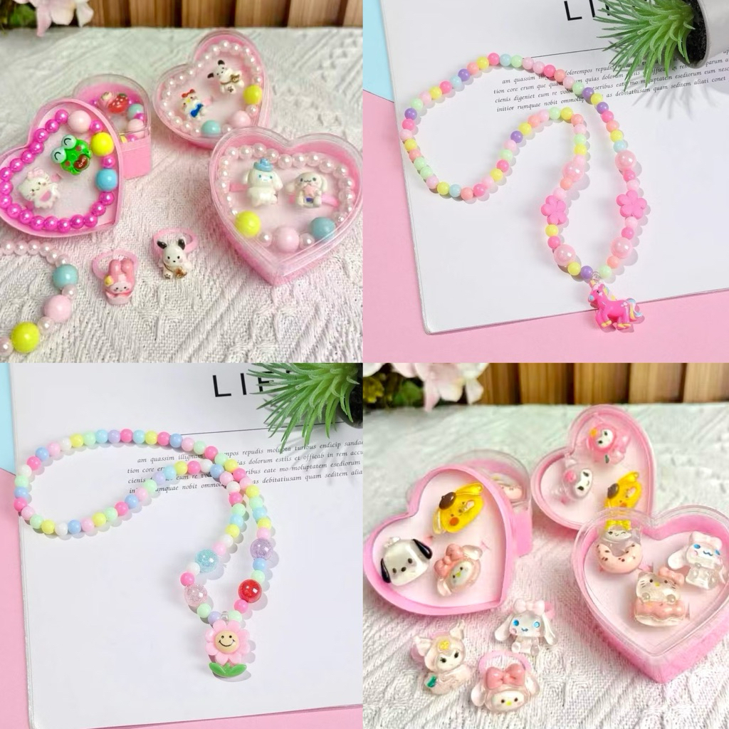 ACCESSORIES ANAK PEREMPUAN PAUD TK SD / 3in1 CINCIN 1 BOX 3 PCS WITH HEART BOX / CINCIN GELANG MOTIF