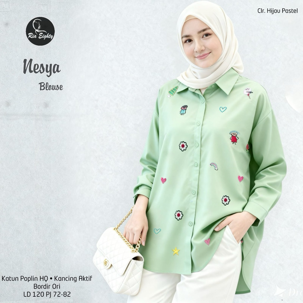 sage green Nesya Kemeja bordir Ld 120 fit XXXL blouse JUMBO / riaeighty