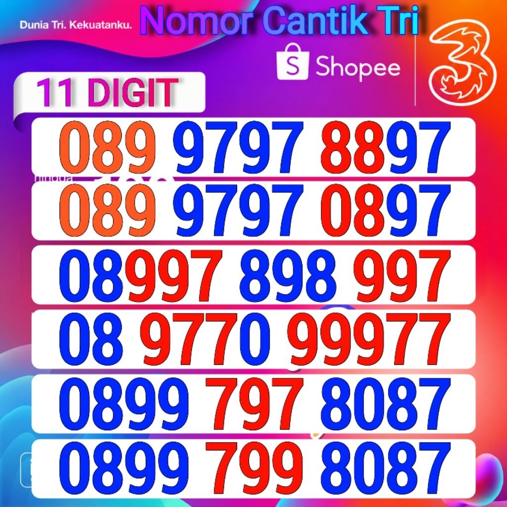 Nomor cantik tri 11 digit Kartu perdana nomer cantik three 11 angka besar