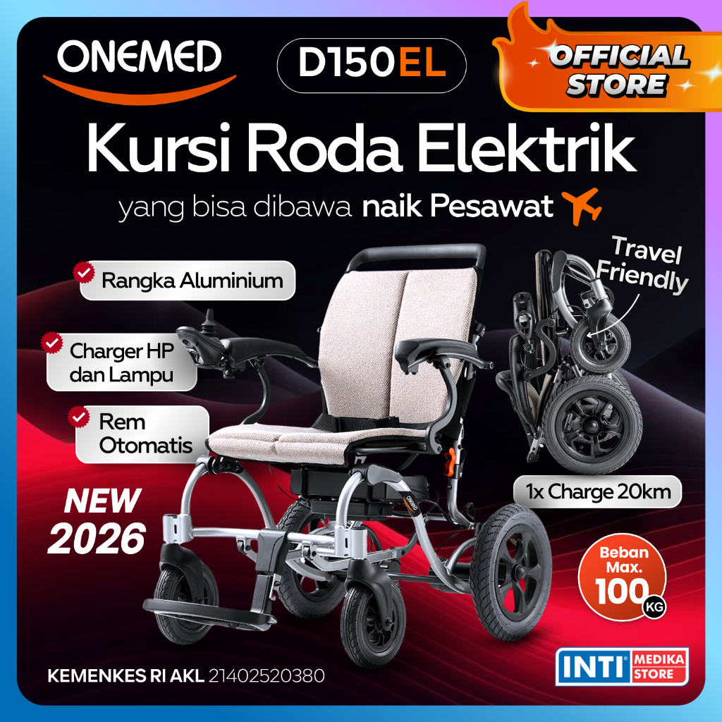 [BARU 2026] ONEMED - Kursi Roda Elektrik Travelling Lipat PREMIUM D150EL | Electric Portable Wheelch