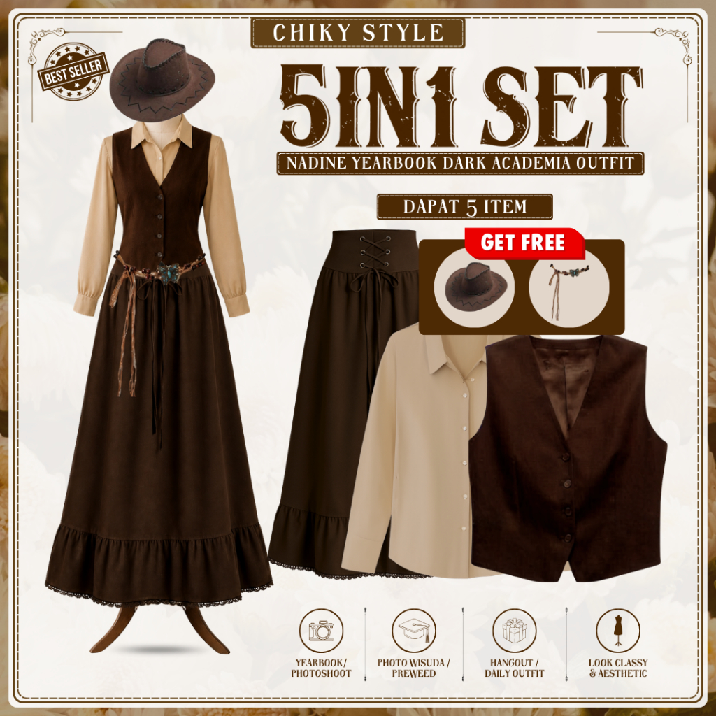 Nadine Dark Academy One Set Yearbook | Setelan Kemeja + Rok Vintage + Vest Kancing + Topi | Chiky041