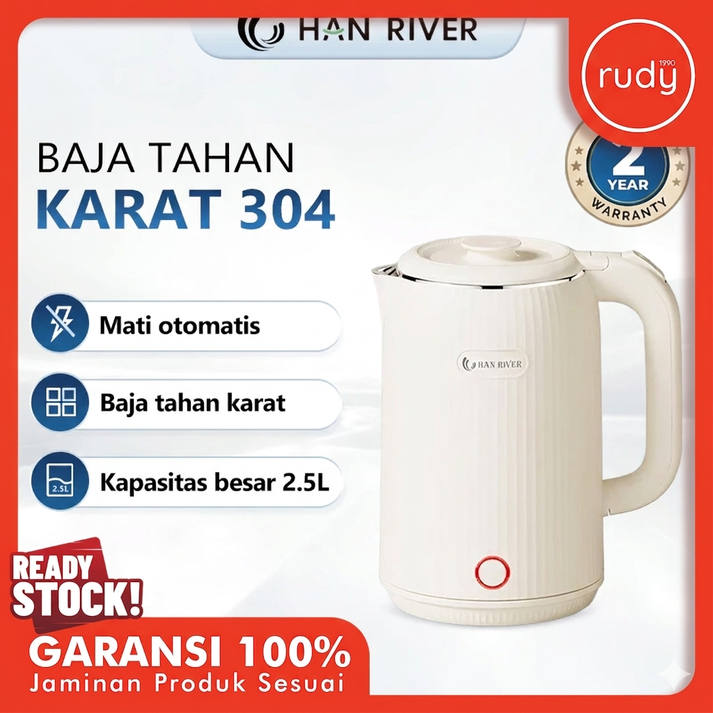 Electric Kettle Han River / Teko Listrik Low Watt / Kapasitas Besar 2.5 Liter / Garansi Resmi