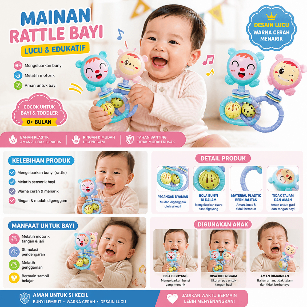 Mainan Bayi Kerincingan Lucu Mainan Kerincing Bergagang Mainan Pegangan Bayi Lucu SNI
