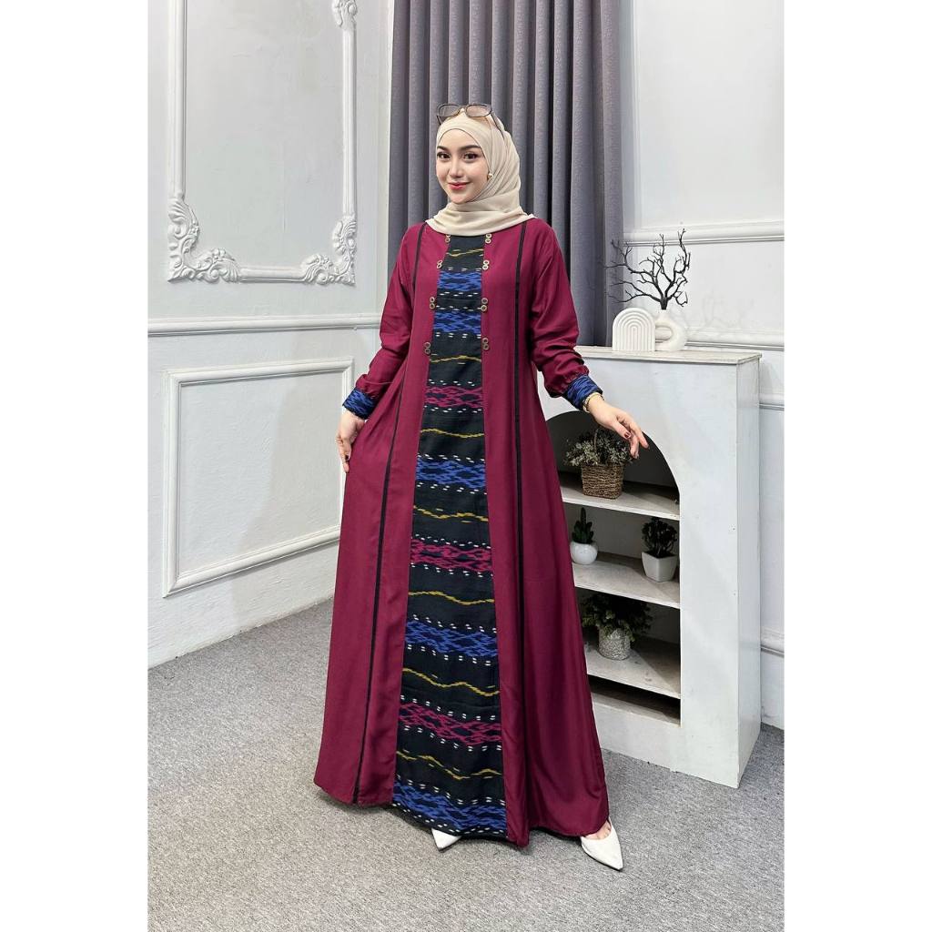 Dress Muslimah Modern Motif Etnik - Gamis Hijau Botol Kombinasi - Baju Gamis Wanita Terbaru 2024 - G
