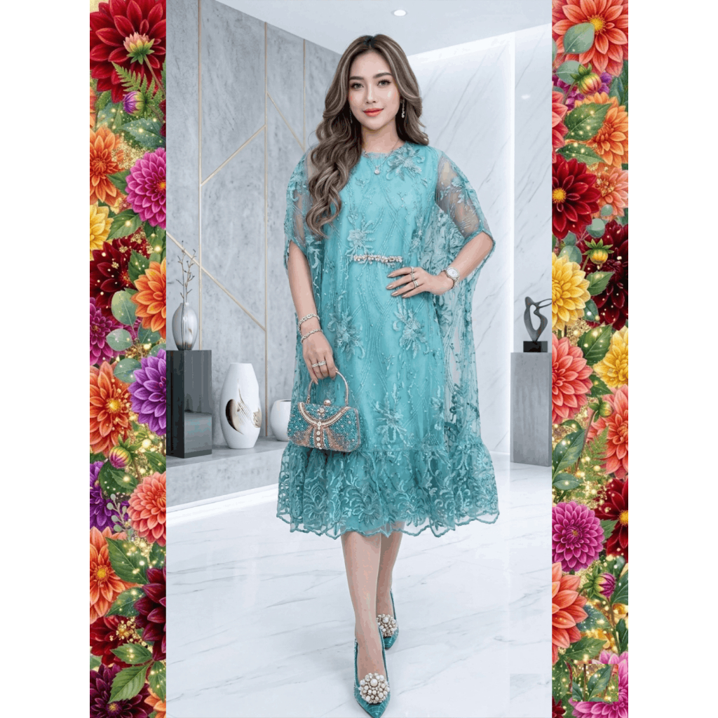 584 Dress Brukat Tile Pesta Anggun/8 Warna/Real Pict